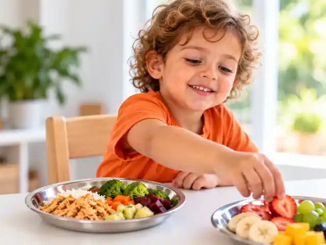 Imagem ilustrativa de uma criança escolhendo frutas durante a refeição